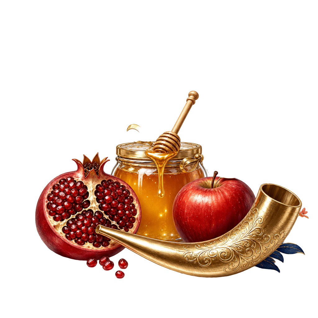 Grenade, pomme, pot de miel et shofar doré illustrés